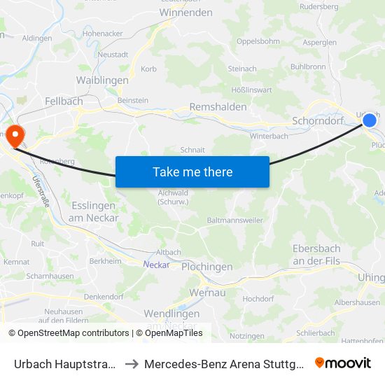 Urbach Hauptstraße to Mercedes-Benz Arena Stuttgart map