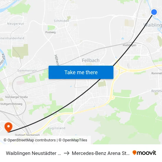 Waiblingen Neustädter Straße to Mercedes-Benz Arena Stuttgart map