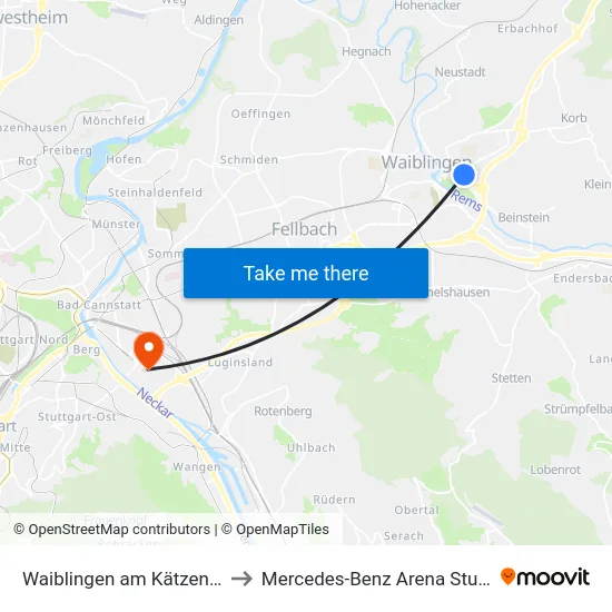 Waiblingen am Kätzenbach to Mercedes-Benz Arena Stuttgart map