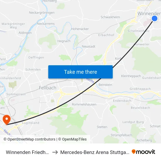 Winnenden Friedhof to Mercedes-Benz Arena Stuttgart map