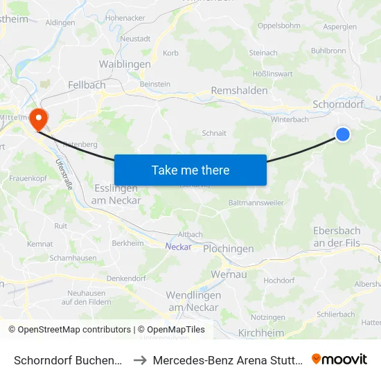 Schorndorf Buchenweg to Mercedes-Benz Arena Stuttgart map