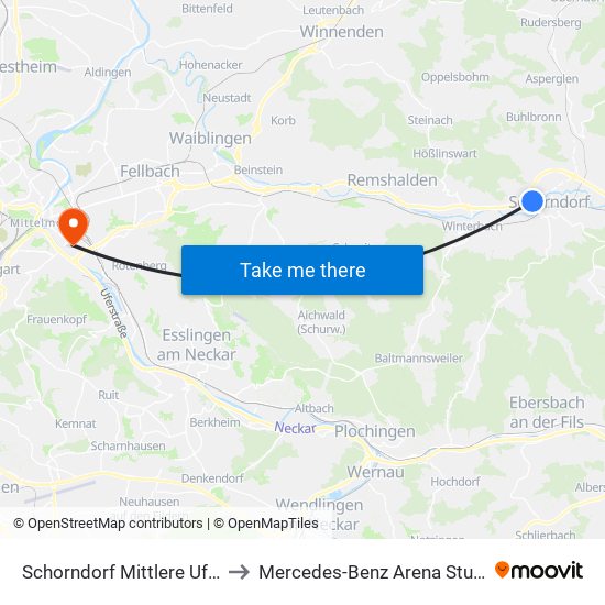 Schorndorf Mittlere Uferstr. to Mercedes-Benz Arena Stuttgart map