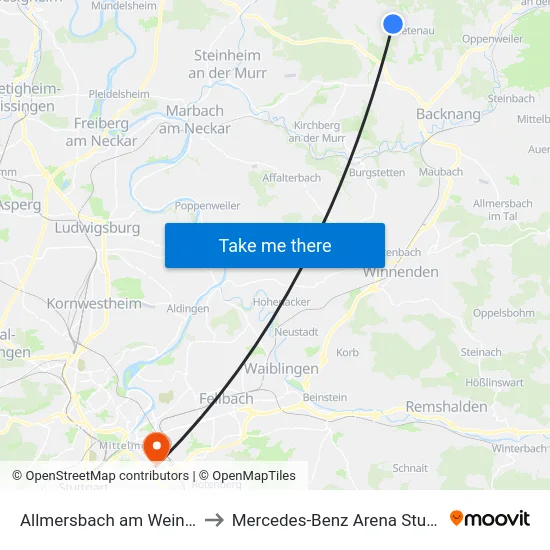Allmersbach am Weinberg to Mercedes-Benz Arena Stuttgart map