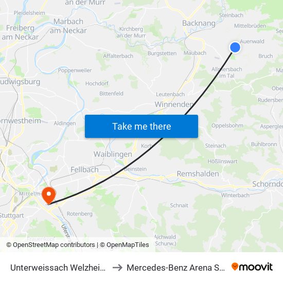 Unterweissach Welzheimer Str. to Mercedes-Benz Arena Stuttgart map