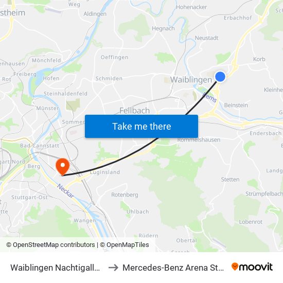 Waiblingen Nachtigallenweg to Mercedes-Benz Arena Stuttgart map