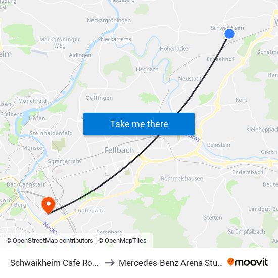 Schwaikheim Cafe Rommel to Mercedes-Benz Arena Stuttgart map