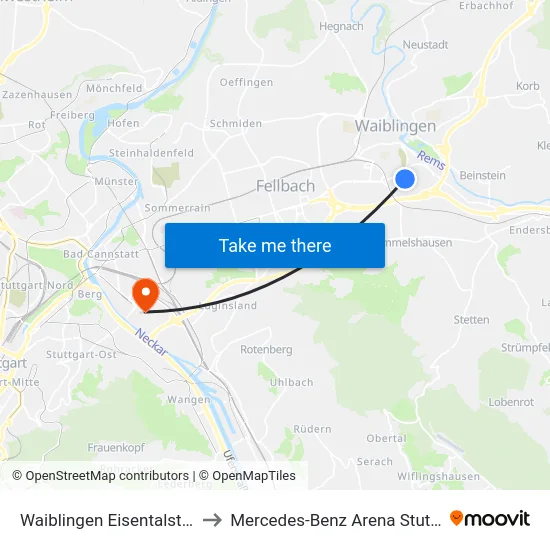 Waiblingen Eisentalstraße to Mercedes-Benz Arena Stuttgart map
