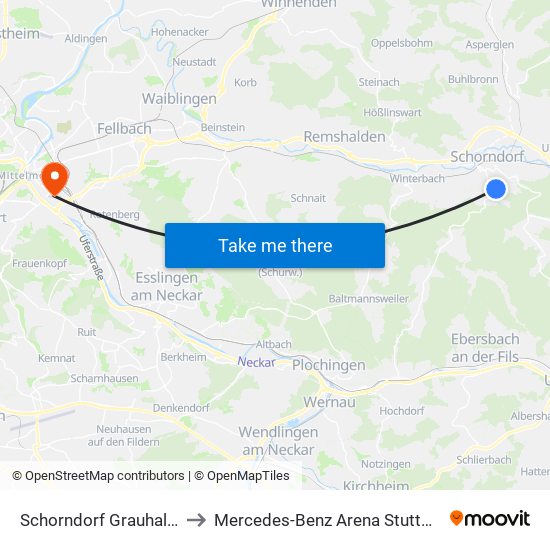 Schorndorf Grauhalde to Mercedes-Benz Arena Stuttgart map