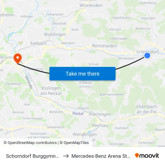 Schorndorf Burggymnasium to Mercedes-Benz Arena Stuttgart map