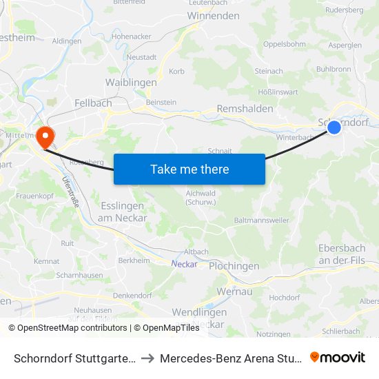 Schorndorf Stuttgarter Str. to Mercedes-Benz Arena Stuttgart map