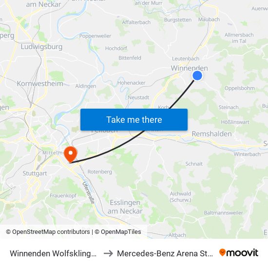 Winnenden Wolfsklingenweg to Mercedes-Benz Arena Stuttgart map