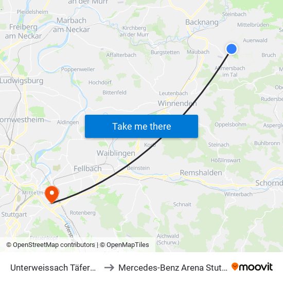 Unterweissach Täferhalde to Mercedes-Benz Arena Stuttgart map