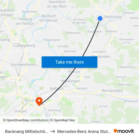 Backnang Mittelschöntal to Mercedes-Benz Arena Stuttgart map