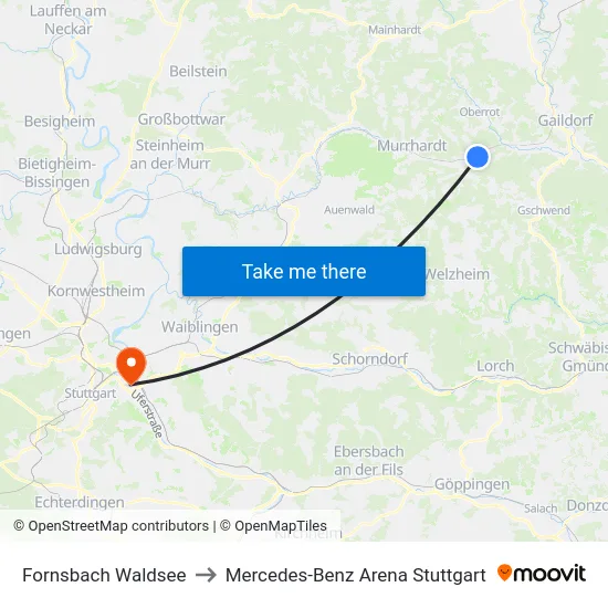 Fornsbach Waldsee to Mercedes-Benz Arena Stuttgart map