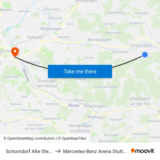 Schorndorf Alte Steige to Mercedes-Benz Arena Stuttgart map
