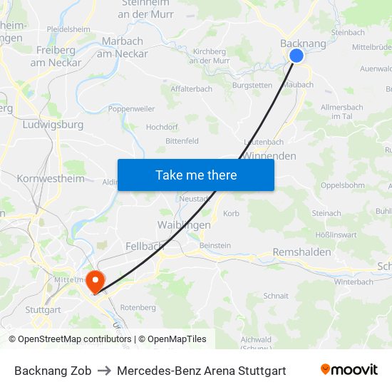 Backnang Zob to Mercedes-Benz Arena Stuttgart map