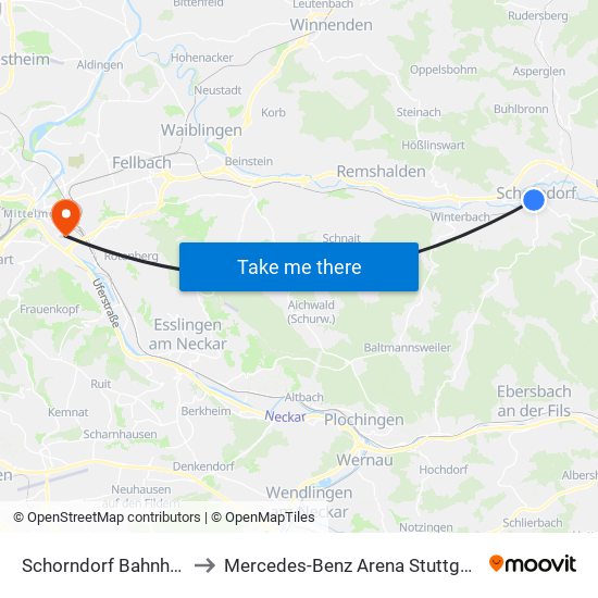 Schorndorf Bahnhof to Mercedes-Benz Arena Stuttgart map