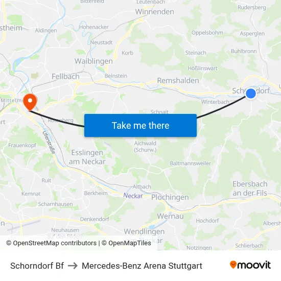 Schorndorf Bf to Mercedes-Benz Arena Stuttgart map