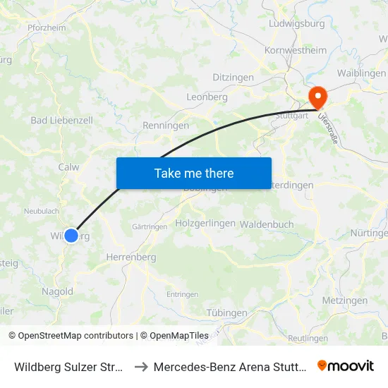 Wildberg Sulzer Straße to Mercedes-Benz Arena Stuttgart map