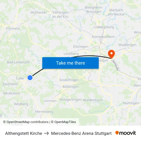 Althengstett Kirche to Mercedes-Benz Arena Stuttgart map