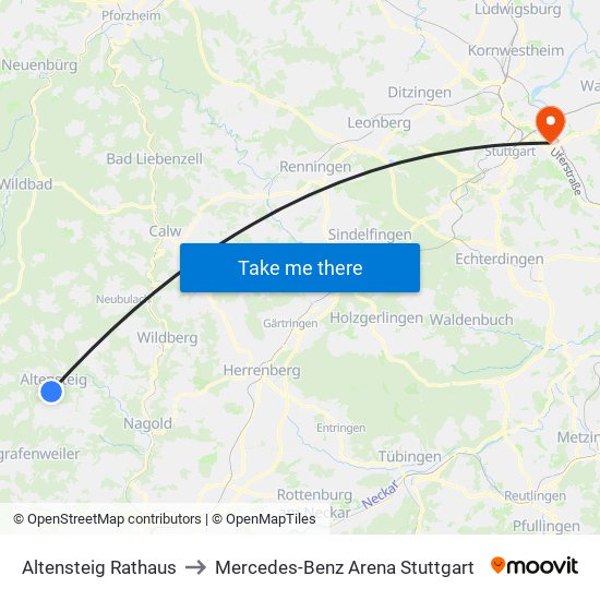 Altensteig Rathaus to Mercedes-Benz Arena Stuttgart map