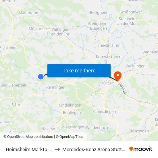 Heimsheim Marktplatz to Mercedes-Benz Arena Stuttgart map