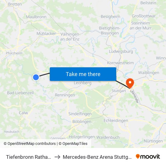 Tiefenbronn Rathaus to Mercedes-Benz Arena Stuttgart map