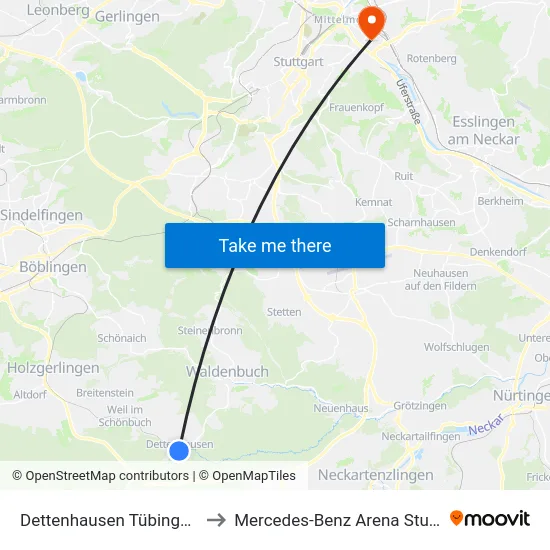 Dettenhausen Tübinger Str. to Mercedes-Benz Arena Stuttgart map