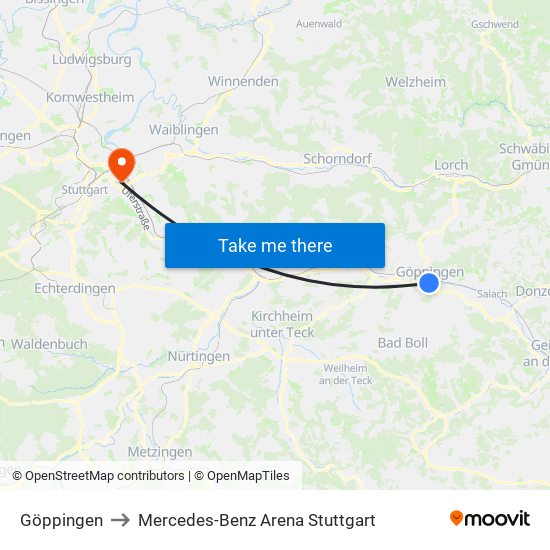 Göppingen to Mercedes-Benz Arena Stuttgart map