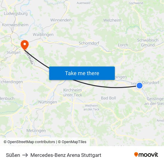 Süßen to Mercedes-Benz Arena Stuttgart map