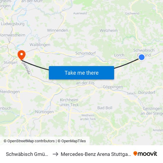 Schwäbisch Gmünd to Mercedes-Benz Arena Stuttgart map