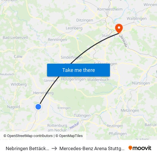 Nebringen Bettäcker to Mercedes-Benz Arena Stuttgart map