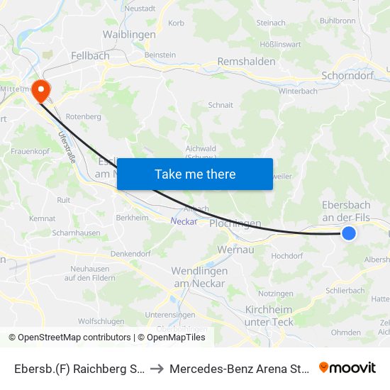 Ebersb.(F) Raichberg Schulz. to Mercedes-Benz Arena Stuttgart map