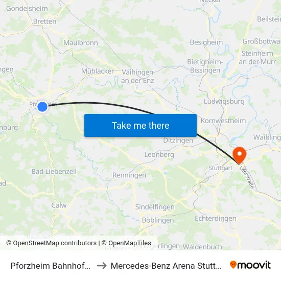 Pforzheim Bahnhofstr. to Mercedes-Benz Arena Stuttgart map