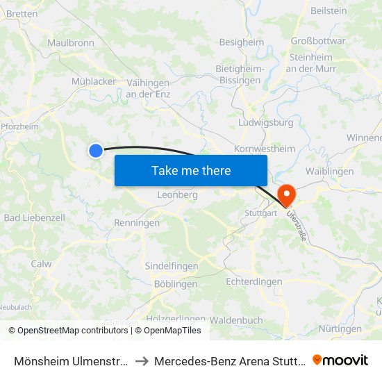 Mönsheim Ulmenstraße to Mercedes-Benz Arena Stuttgart map