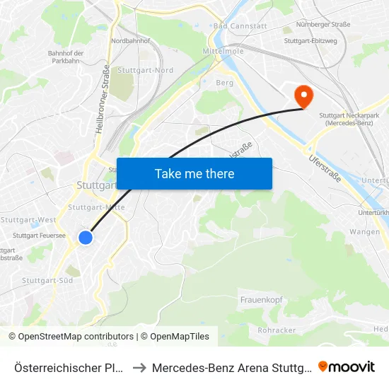 Österreichischer Platz to Mercedes-Benz Arena Stuttgart map