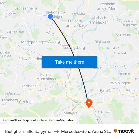 Bietigheim Ellentalgymnasien to Mercedes-Benz Arena Stuttgart map