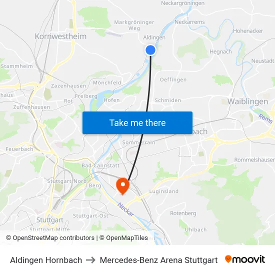 Aldingen Hornbach to Mercedes-Benz Arena Stuttgart map