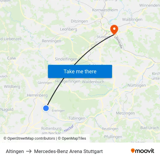 Altingen to Mercedes-Benz Arena Stuttgart map