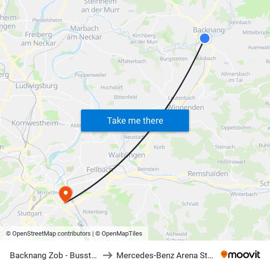 Backnang Zob - Bussteig 1a to Mercedes-Benz Arena Stuttgart map