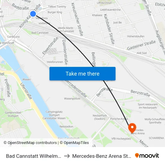 Bad Cannstatt Wilhelmsplatz to Mercedes-Benz Arena Stuttgart map