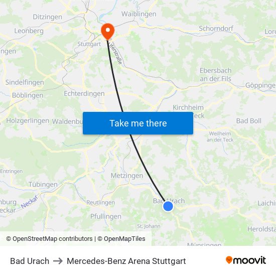 Bad Urach to Mercedes-Benz Arena Stuttgart map