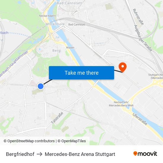 Bergfriedhof to Mercedes-Benz Arena Stuttgart map