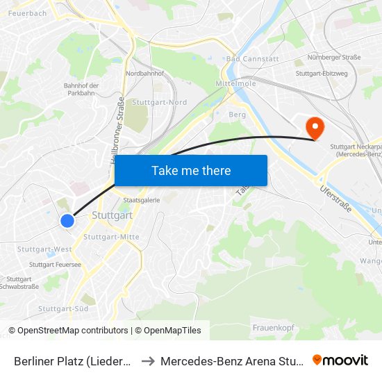 Berliner Platz (Liederhalle) to Mercedes-Benz Arena Stuttgart map