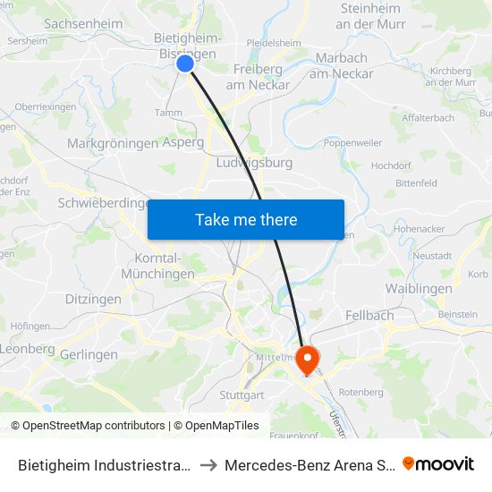 Bietigheim Industriestraße - Zob to Mercedes-Benz Arena Stuttgart map