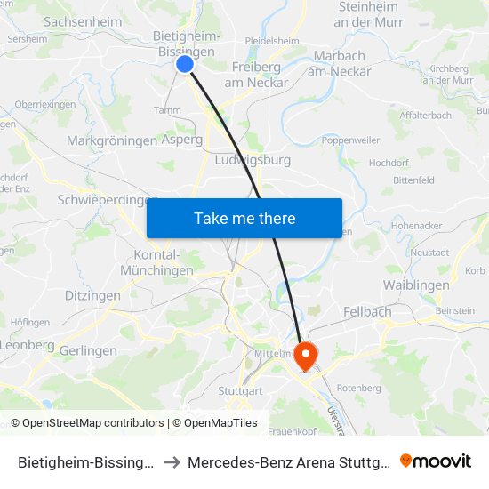 Bietigheim-Bissingen to Mercedes-Benz Arena Stuttgart map