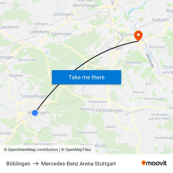 Böblingen to Mercedes-Benz Arena Stuttgart map