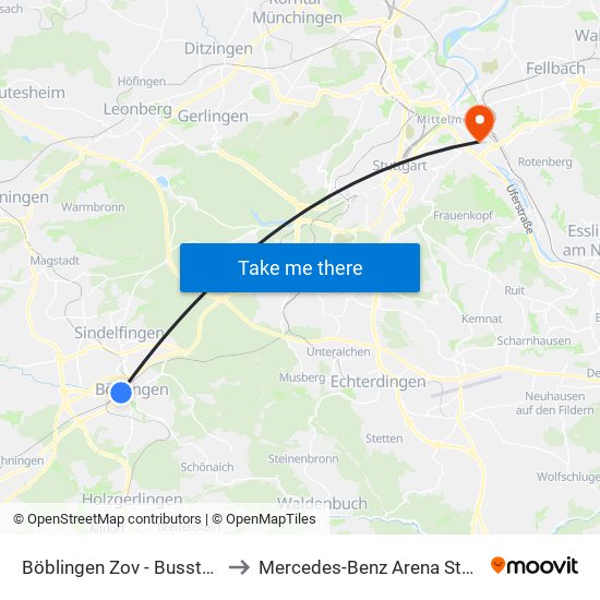Böblingen Zov -  Bussteig 15 to Mercedes-Benz Arena Stuttgart map