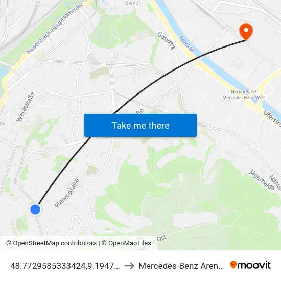 48.7729585333424,9.19472125457371 to Mercedes-Benz Arena Stuttgart map
