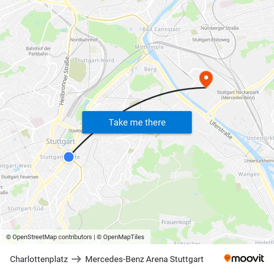 Charlottenplatz to Mercedes-Benz Arena Stuttgart map